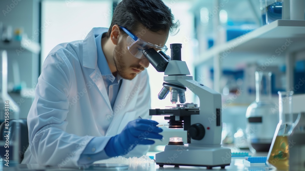 A scientist observes a crystalline structure under a microscope, gathering valuable research data. A scientist observes a crystalline structure under a microscope, gathering valuable research data.