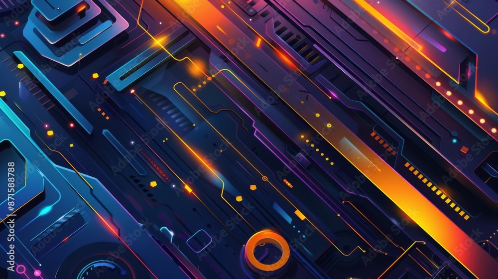 Vivid and colorful illustration of a futuristic abstract circuit board with glowing neon lines and technological elements Vivid and colorful illustration of a futuristic abstract circuit board with glowing neon lines and technological elements
