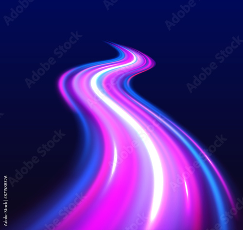 Light and stripes moving fast over dark background. Concept of leading in business, Hi tech products, warp speed wormhole science vector design.	