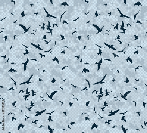 A seamless background with flight of birds and pixel sea.
