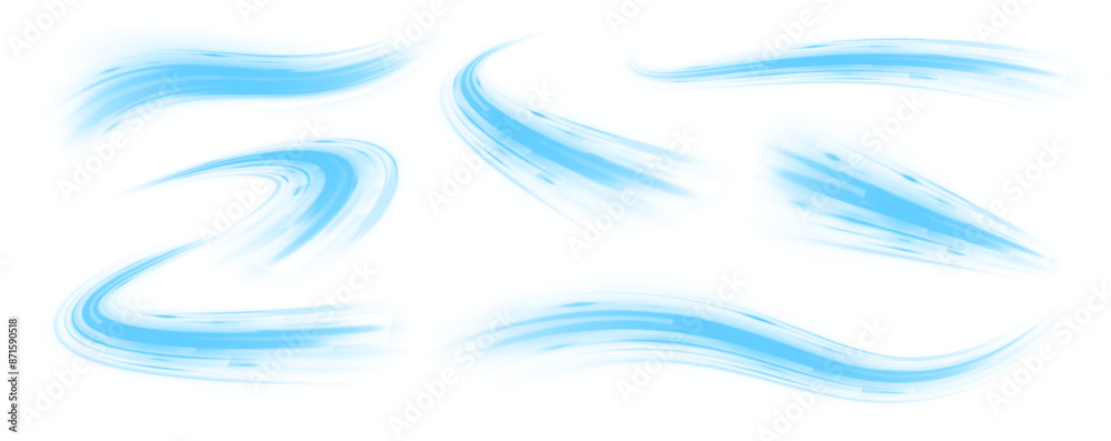 Fototapeta premium Wavy transparent curved lines in the form of the movement of sound waves in a set of different shapes of whirlpool. Light, light garland PNG. 