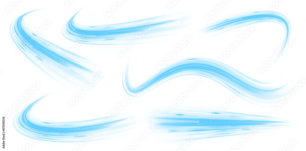 Digital image of light rays, striped lines on a blue light background. Design element for visualizing air or water flow. Light, light garland PNG.	