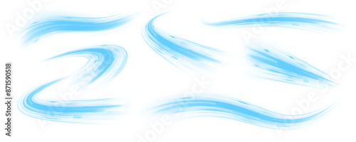 Wavy transparent curved lines in the form of the movement of sound waves in a set of different shapes of whirlpool. Light, light garland PNG.	