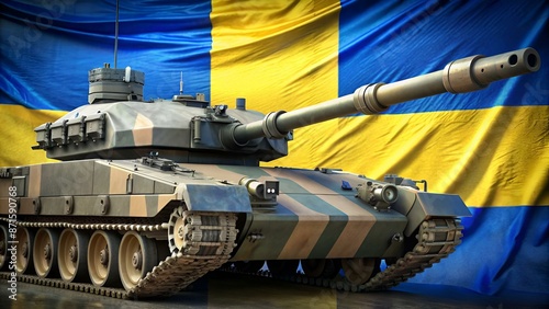 Sweden flag depicted on side part of military armored tank closeup. Army forces conceptual background photo