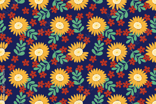 Seamless pattern flowers with beautiful daisies and leaves. floral and leaf design for fabric, cotton, wallpaper, satin, gift wrap, carpet. 