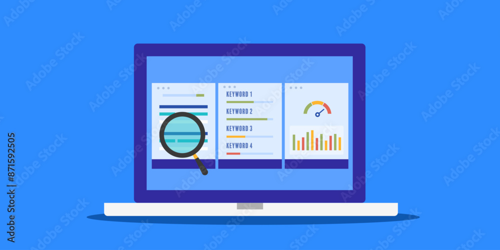 Website ranking and search engine keyword competition, web traffic and conversion analytics SEO performance report on laptop screen, vector illustration. Website ranking and search engine keyword competition, web traffic and conversion analytics SEO performance report on laptop screen, vector illustration.