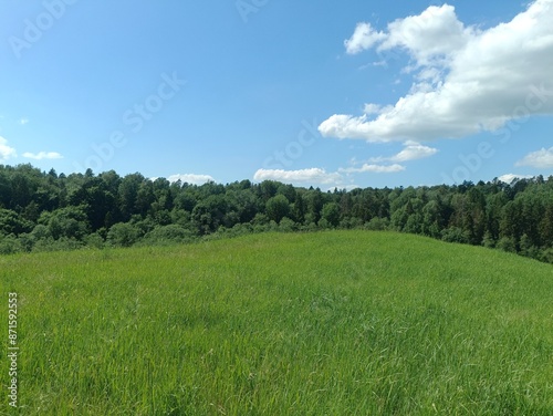 Bubiai hill during sunny day. Small hill. Grass is growing on hill. Staircase leading to the top. Sunny day with white and gray clouds in sky. Nature. Bubiu piliakalnis.