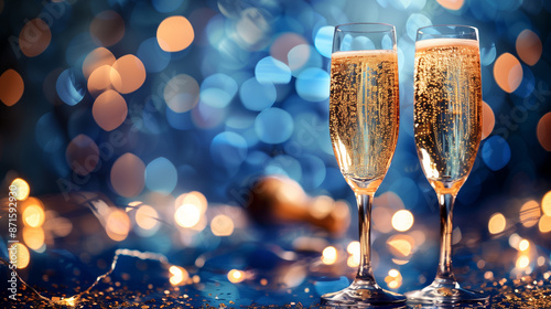 Champagne Toast Celebration - Happy New Year With Golden Glitter On Blue Abstract Background And Defocused Bokeh Lights