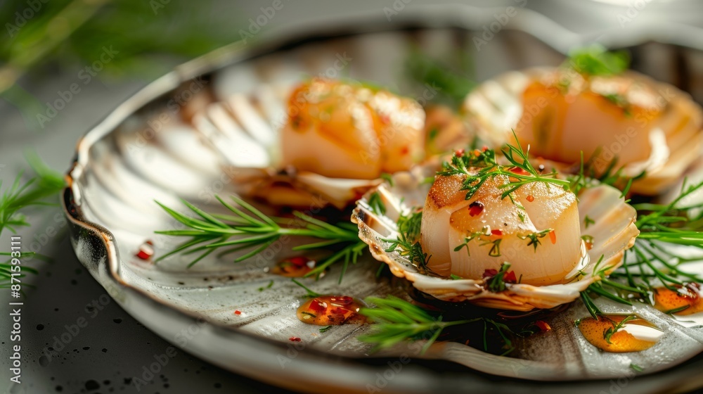 French cuisine. An appetizer of scallops in shells. French cuisine. An appetizer of scallops in shells.