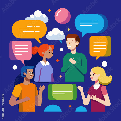 Characters conversation concept with people and speech bubbles. Colleagues discuss business information, in social network style