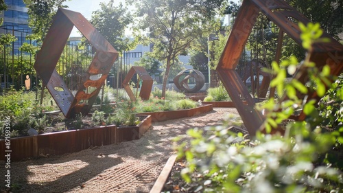 Urban renewal space, diagonal angle, metal sculptures in community garden, bright sunlight, morning photo