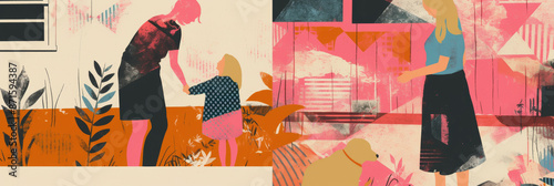 Vibrant Abstract Illustration of Motherhood and Family Moments in Modern Art Style
