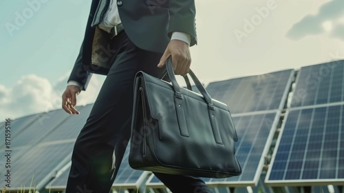 The close up picture of the businessman is walking to work at the workplace near the solar panel, the businessman also require skill like communication, leadership, management and marketing. AIG43. photo