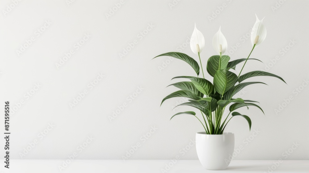 A serene peace lily plant elegantly displayed in a minimalist white pot, set against a clean, uncluttered background A serene peace lily plant elegantly displayed in a minimalist white pot, set against a clean, uncluttered background