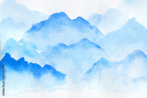 Obraz na płótnie Abstract blue mountain landscape watercolor background. Nature mountain view wallpaper, beautiful hill painting graphic. w salonie