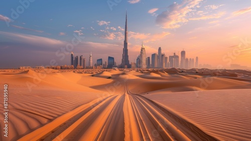 Dubai Skyline Emerging From Desert Sands at Sunset