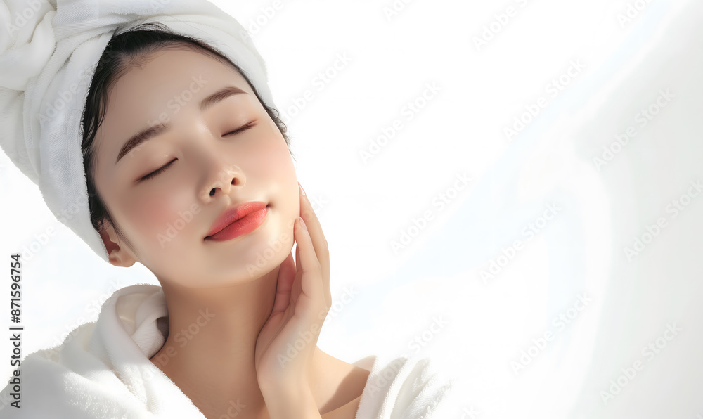 Beautiful young woman after washing her face, smooth, beautiful facial skin glowing face Suitable for advertising cosmetics and skin care products. Capturing the beauty and elegance of nature Beautiful young woman after washing her face, smooth, beautiful facial skin glowing face Suitable for advertising cosmetics and skin care products. Capturing the beauty and elegance of nature
