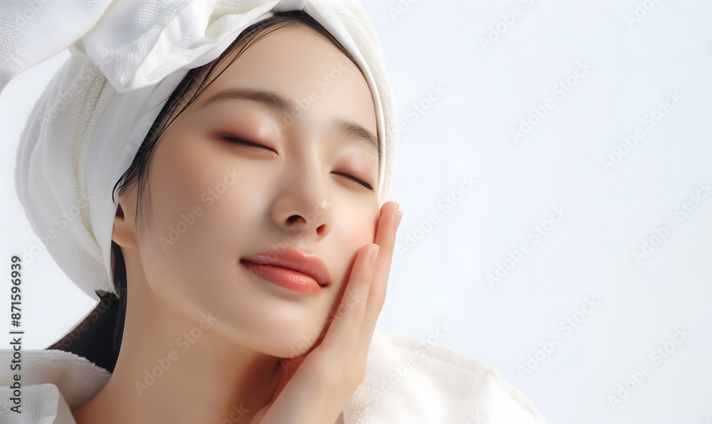 Beautiful young woman after washing her face, smooth, beautiful facial skin glowing face Suitable for advertising cosmetics and skin care products. Capturing the beauty and elegance of nature Beautiful young woman after washing her face, smooth, beautiful facial skin glowing face Suitable for advertising cosmetics and skin care products. Capturing the beauty and elegance of nature