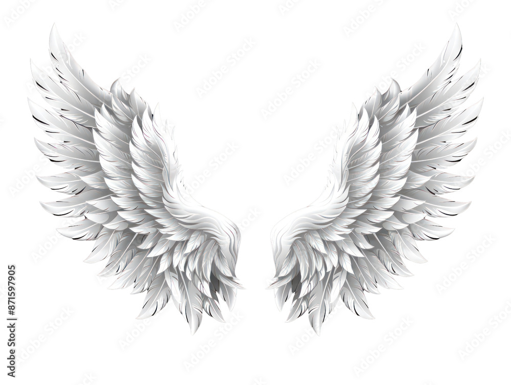 Obraz premium Two white angel wings with feathers spread open against a transparent background. PNG