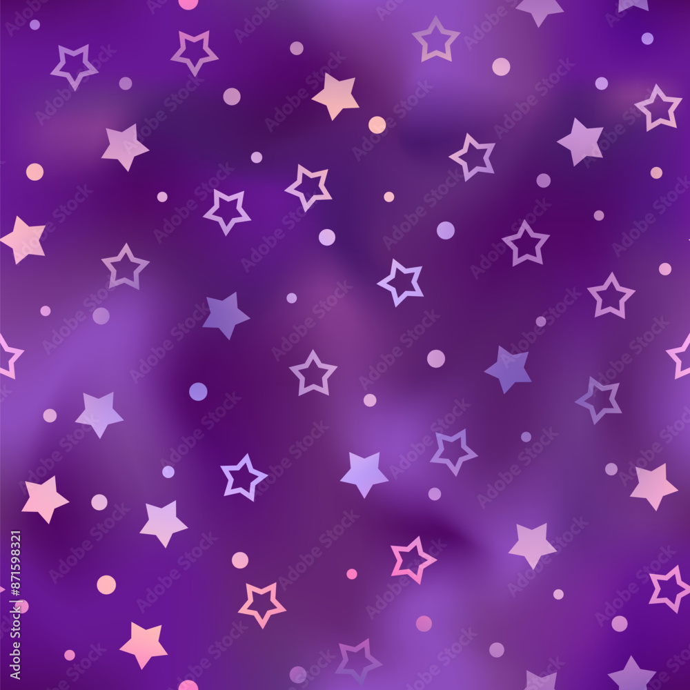 Holographic star seamless pattern. Vector shiny print with neon stars on purple gradient background. Magic iridescent repeat texture with sparkles. Holographic star seamless pattern. Vector shiny print with neon stars on purple gradient background. Magic iridescent repeat texture with sparkles.