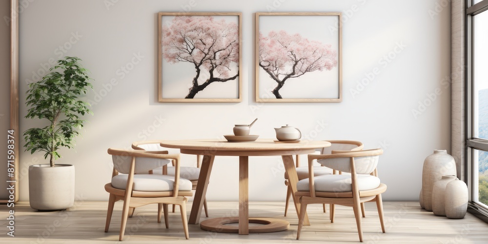 Minimalist Dining Room Interior Design with Sakura Tree Art Minimalist Dining Room Interior Design with Sakura Tree Art