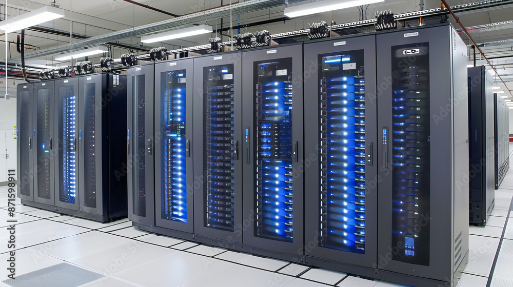 Supercomputer working with lights on in datacenter Supercomputer working with lights on in datacenter