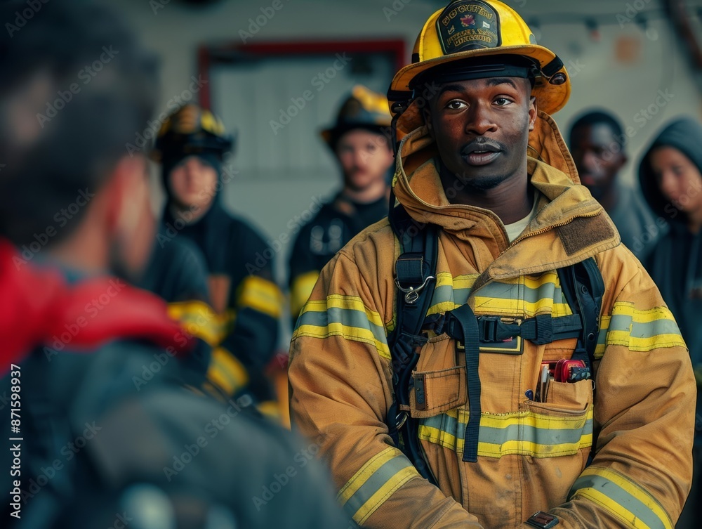 A firefighter in full gear stands in a group, listening intently to a briefing. His serious expression conveys a sense of duty and readiness. A firefighter in full gear stands in a group, listening intently to a briefing. His serious expression conveys a sense of duty and readiness.