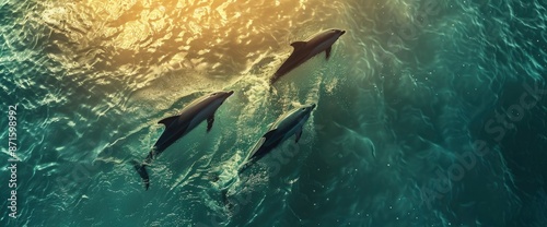 Top View Of Dolphins At Sunrise, Gliding Through The Water,High Resolution, Ultra HD photo