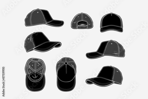 2d illustration of cap. Outline vector image set. Front, back, top, bottom, side and perspective view.