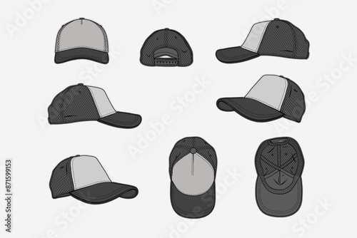 2d illustration of cap. Outline vector image set. Front, back, top, bottom, side and perspective view.