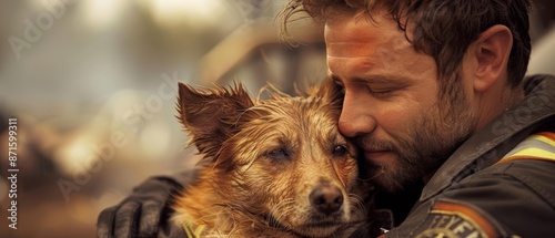 Firefighter comforting a rescued pet, firefighter, comforting pet, rescue, Compassionate moment photo