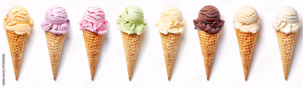 Assorted ice cream on waffle cone flavors isolated on white background. Perfect for summer treats. Assorted ice cream on waffle cone flavors isolated on white background. Perfect for summer treats.