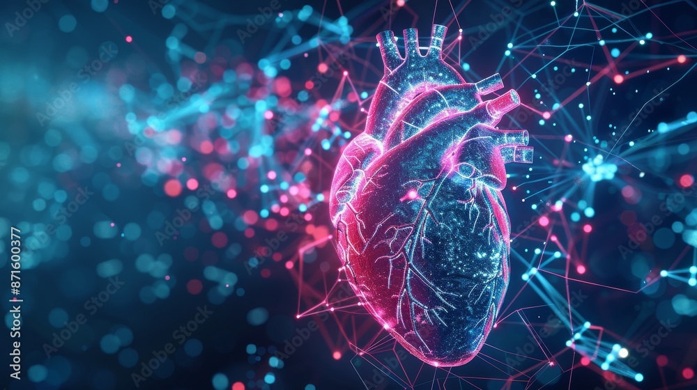 High-quality 3D rendering of a digital heart with a neon glow, surrounded by an intricate network of nodes, creating an abstract technology composition High-quality 3D rendering of a digital heart with a neon glow, surrounded by an intricate network of nodes, creating an abstract technology composition