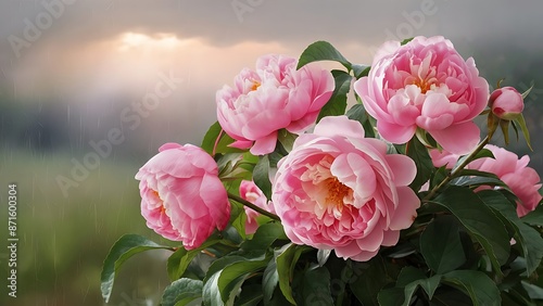 Pink peony roses petals and leaves on rainy background in the morning light spring header