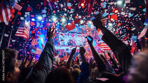 Vibrant Election Night Celebration with Diverse Supporters Cheering in Festive Atmosphere under Night Sky with Copy Space, Political Rally Success Event