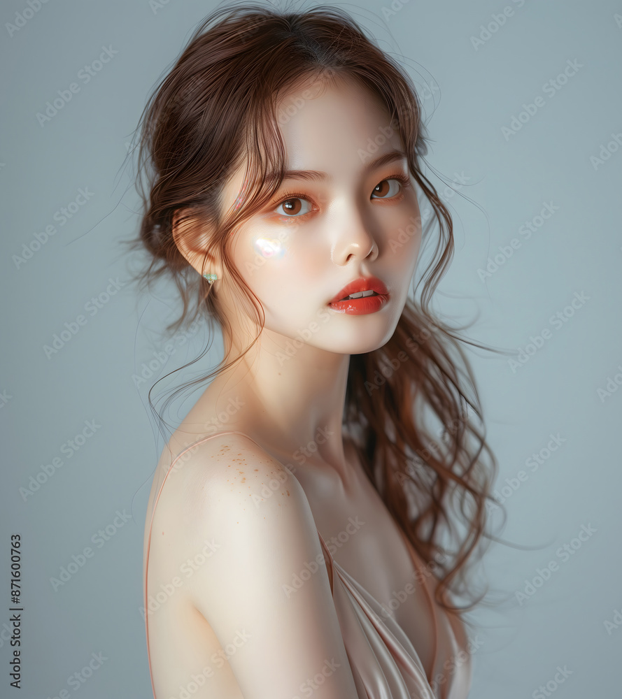 Beautiful young woman with smooth, flawless skin A glowing face and body Fashion styles are ideal for advertising cosmetics and skincare products. It captures the beauty and elegance of nature.