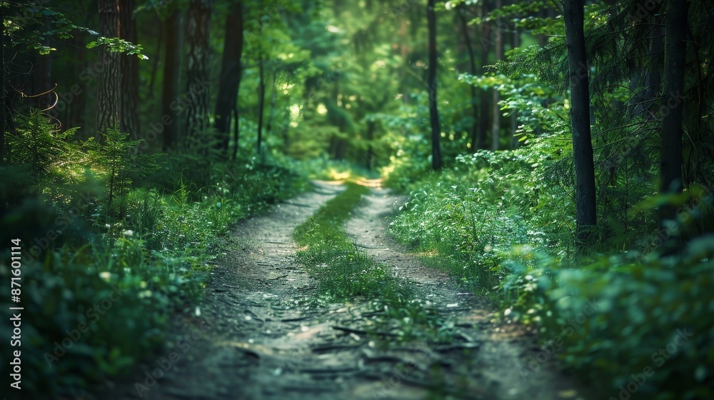 A forest path with a dirt road leading through it A forest path with a dirt road leading through it