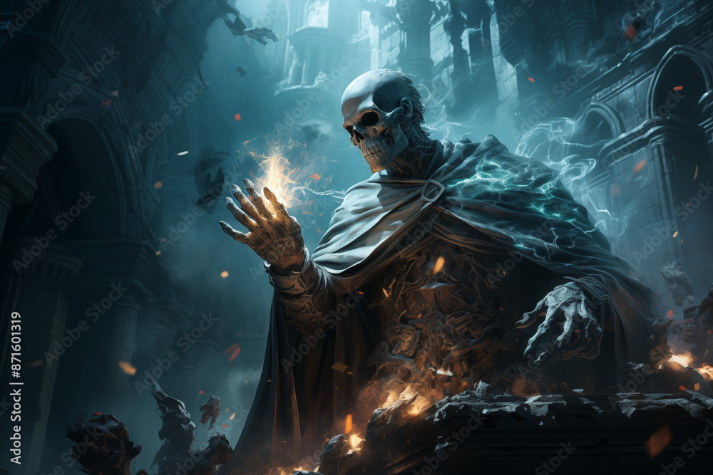 Fototapeta premium A Lich Casting A Spell In An Ancient And Ruined Temple