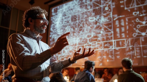 A mathematician unveils a groundbreaking theorem, filling the room with excitement as detailed diagrams project.