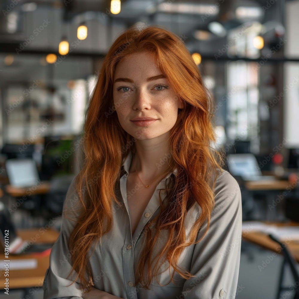 A 24-year-old gorgeous redhead Russian supermodel standing in a coworking space, smiling at the camera. A 24-year-old gorgeous redhead Russian supermodel standing in a coworking space, smiling at the camera.