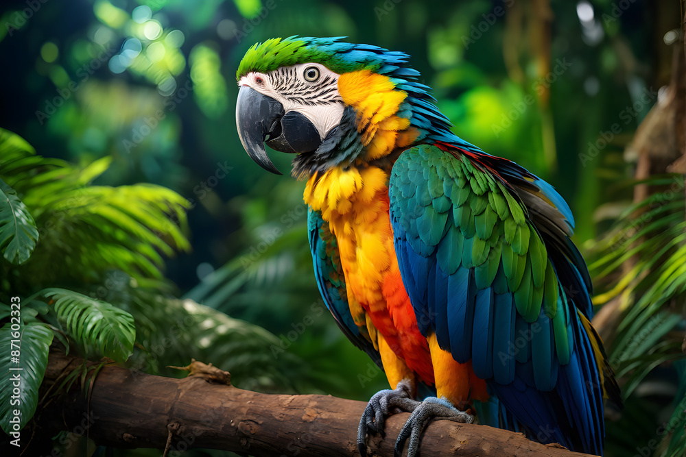Obraz premium In the lush depths of the tropical jungle, a majestic macaw perches proudly amidst a canopy of vibrant foliage. 