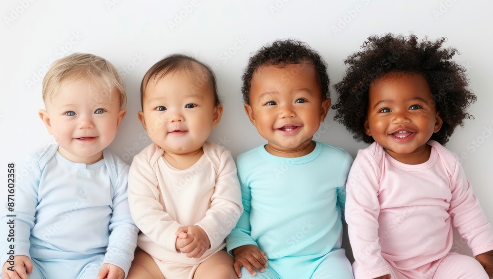 Four adorable babies are seated close together, smiling and dressed in pastel-colored outfits, showcasing the beauty of early childhood and the joy of togetherness. Four adorable babies are seated close together, smiling and dressed in pastel-colored outfits, showcasing the beauty of early childhood and the joy of togetherness.
