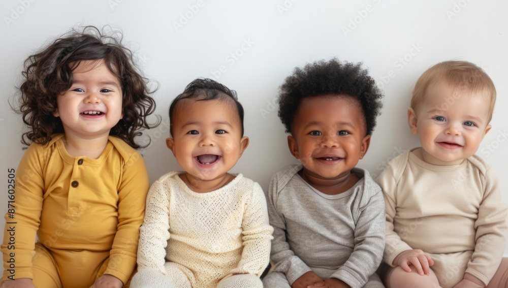 Four adorable babies are sitting next to each other and smiling, each wearing different colored outfits, creating a heartwarming and joyful scene on a white backdrop. Four adorable babies are sitting next to each other and smiling, each wearing different colored outfits, creating a heartwarming and joyful scene on a white backdrop.