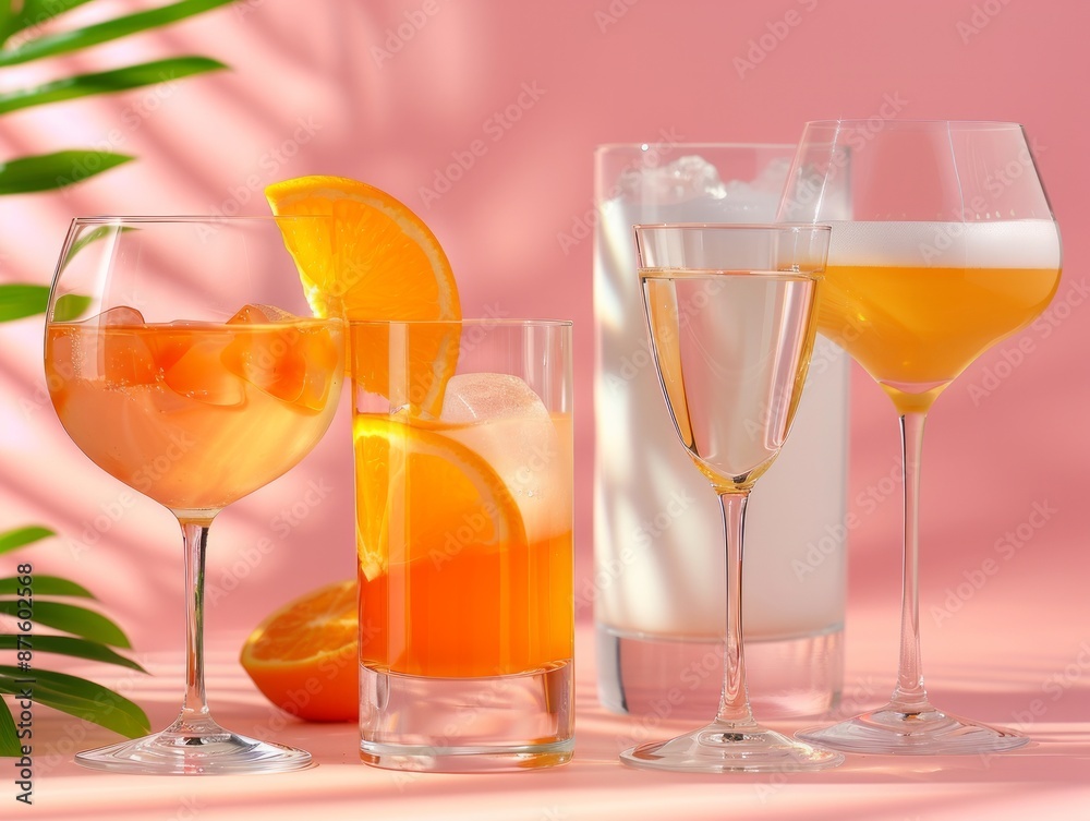 A selection of colorful summer cocktails featuring various fresh fruit garnishes and elegant glasses, set against a pink background with creative lighting and shadows. A selection of colorful summer cocktails featuring various fresh fruit garnishes and elegant glasses, set against a pink background with creative lighting and shadows.
