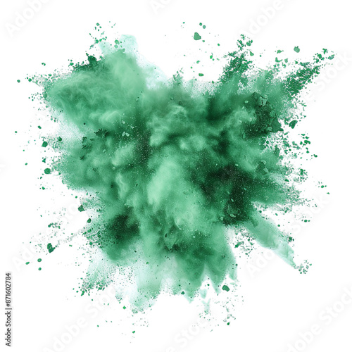 illustration of a green powder splatted on frezee motion on a white background. generative ai photo