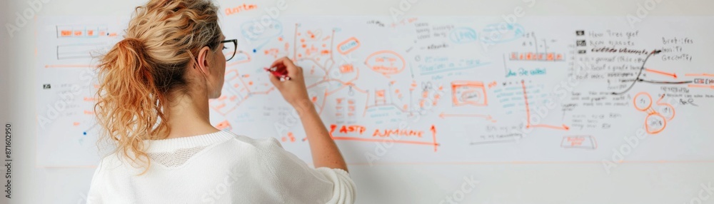 A businesswoman writing ideas on a business model canvas, watercolor, vibrant, realistic A businesswoman writing ideas on a business model canvas, watercolor, vibrant, realistic
