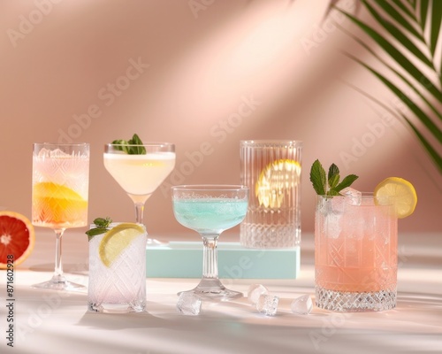 The image showcases elegant cocktails in stylish glassware, garnished with fresh citrus slices and mint leaves. A delicate arrangement that captures the refreshing, luxurious essence of the drinks.