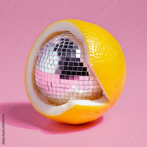 An imaginative fusion of a lemon and a disco ball, with the fruit split open to reveal a reflective disco sphere inside, set against a striking pink background, merging zest and groove.