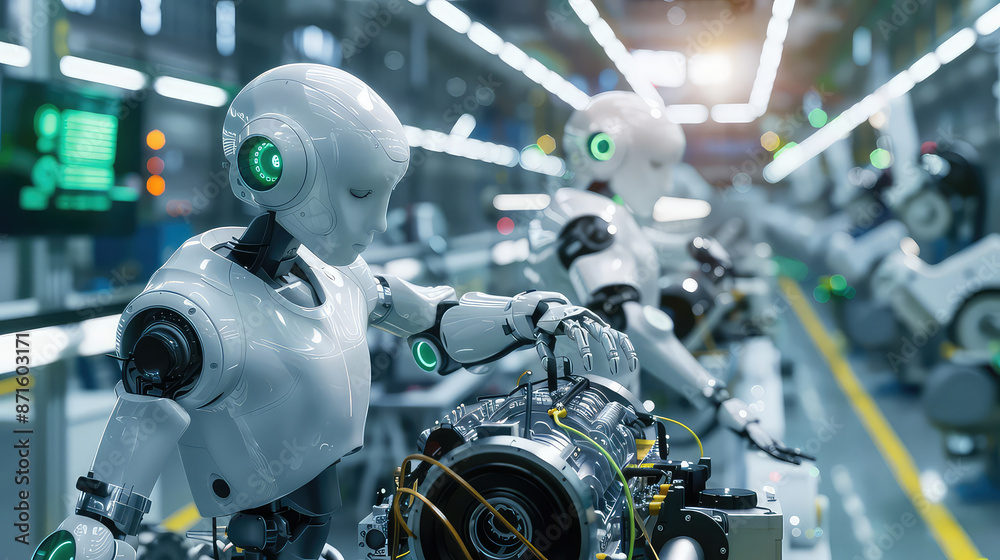 Robots Working in Assembly Line at Modern Factory generated with AI Robots Working in Assembly Line at Modern Factory generated with AI