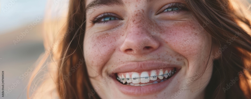 Close-up of a woman smiling, showcasing her teeth with orthodontic braces. Close-up of a woman smiling, showcasing her teeth with orthodontic braces.